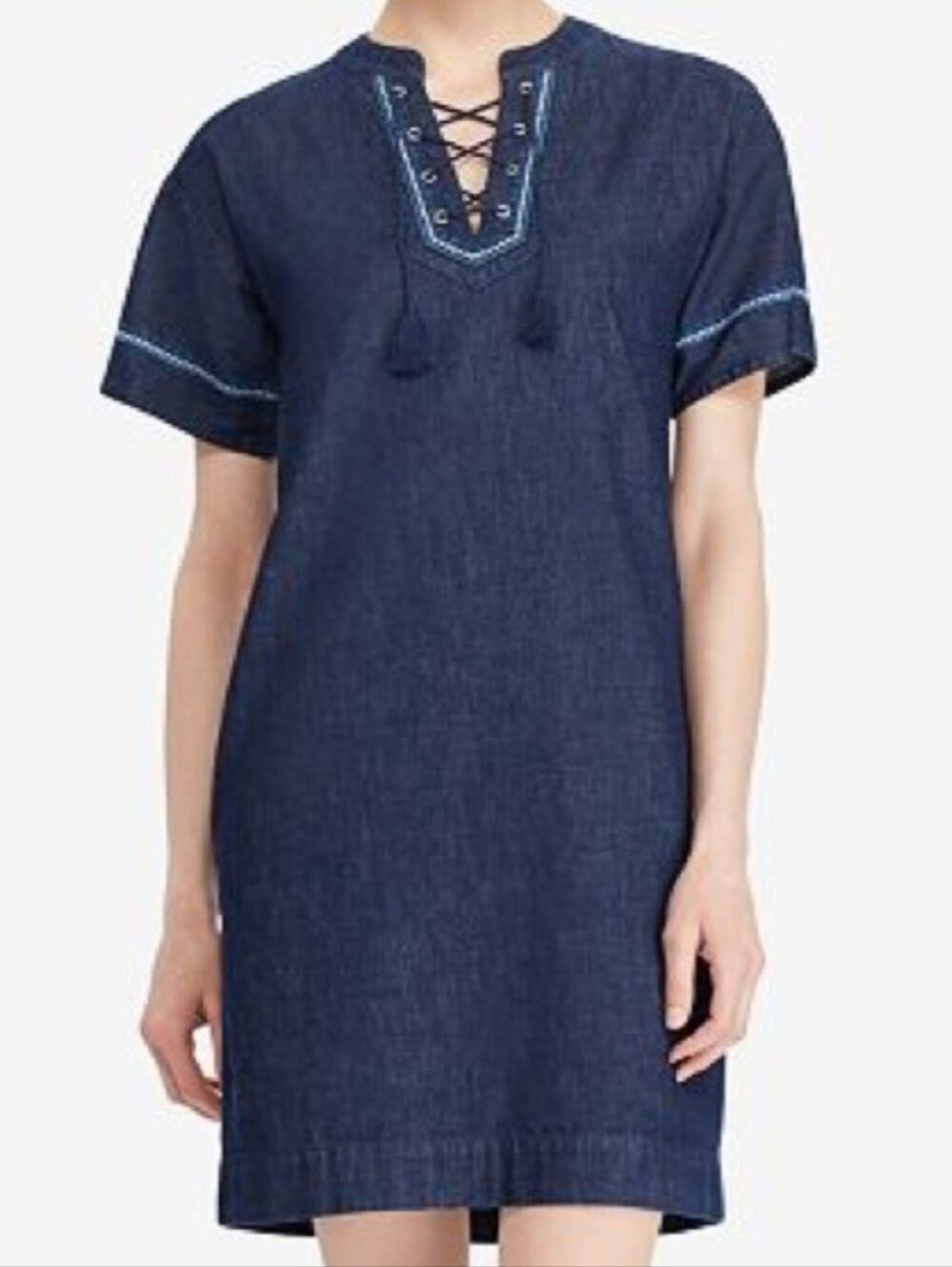Lauren Ralph Lauren Dark Blue Denim Lace-Up Short Sleeve Dress Women's 18